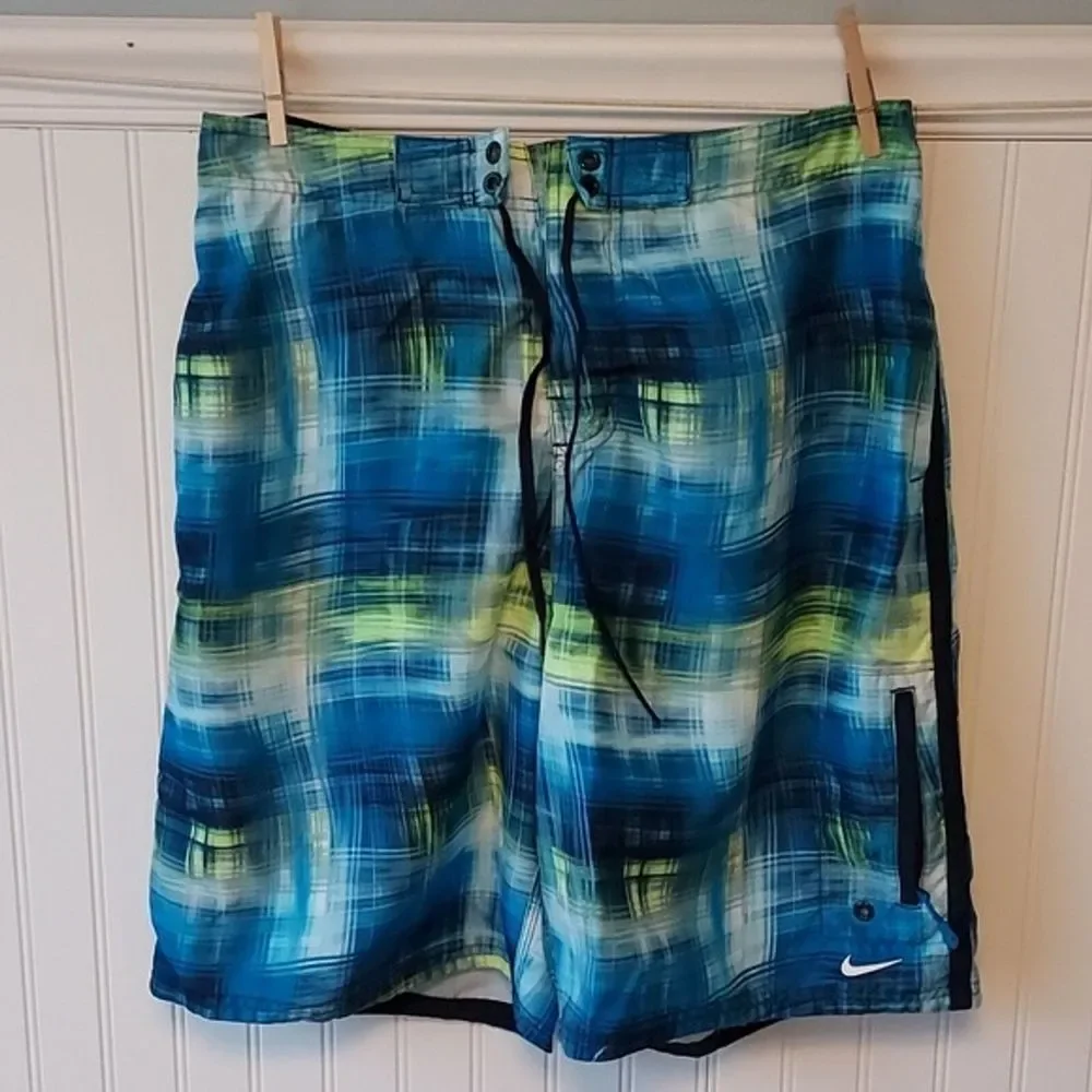 Nike Men's Large Bathing Suit Swim Trunks Blue Neon Grid Shorts‎